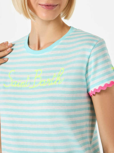 Shop Mc2 Saint Barth Woman Striped T-shirt With Saint Barth Embroidery In Green