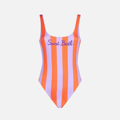 Shop Mc2 Saint Barth Woman Orange And Lilac Striped One Piece Swimsuit