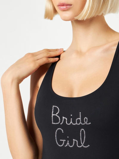 Shop Mc2 Saint Barth Woman One Piece Swimsuit With Bride Girl Rhinestone Embroidery In Black