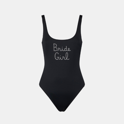 Mc2 Saint Barth Woman One Piece Swimsuit With Bride Girl Rhinestone Embroidery In Black