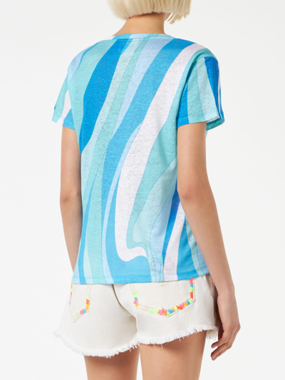 Shop Mc2 Saint Barth Woman Linen T-shirt With Wave Print In Blue