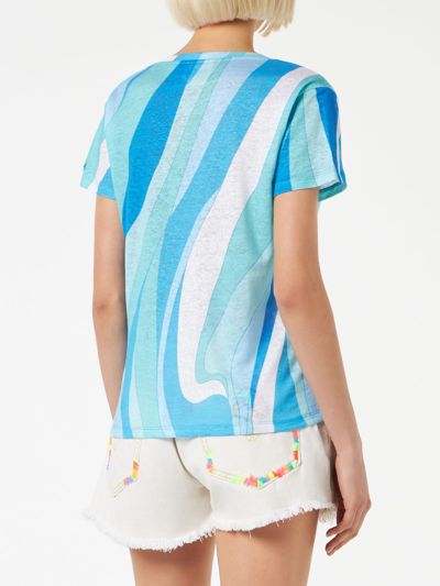 Mc2 Saint Barth Woman Linen T-shirt With Wave Print In Blue