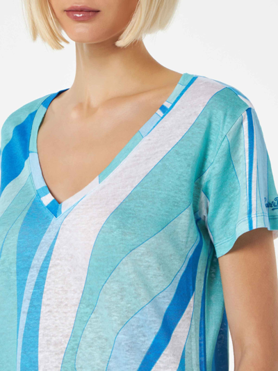Mc2 Saint Barth Woman Linen T-shirt With Wave Print In Blue