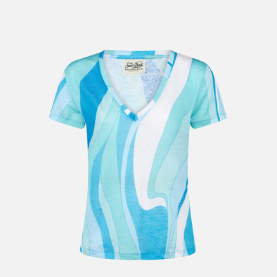 Shop Mc2 Saint Barth Woman Linen T-shirt With Wave Print In Blue