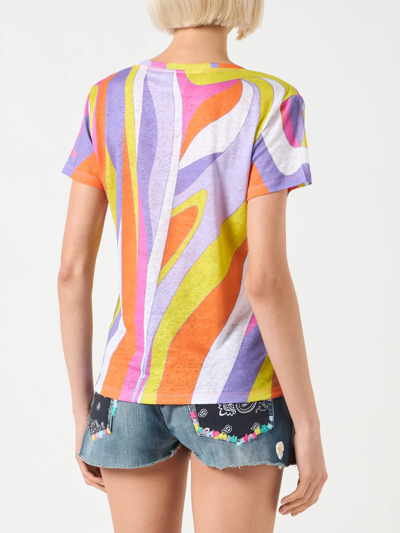 Mc2 Saint Barth Woman Linen T-shirt With Wave Print In Orange