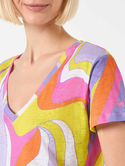 Mc2 Saint Barth Woman Linen T-shirt With Wave Print In Orange