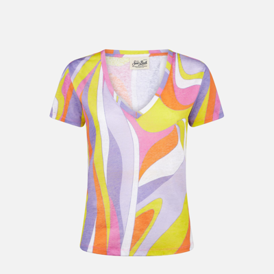 Mc2 Saint Barth Woman Linen T-shirt With Wave Print In Orange