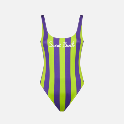 Shop Mc2 Saint Barth Woman Lime And Purple One Piece Swimsuit In Green