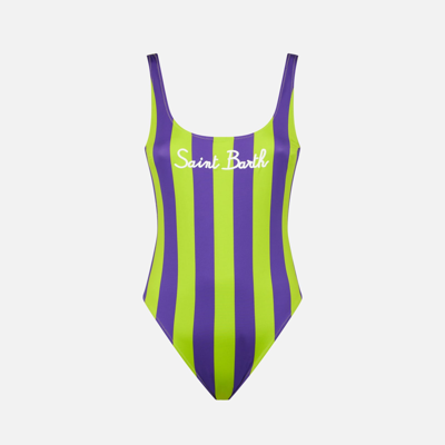 Mc2 Saint Barth Woman Lime And Purple One Piece Swimsuit In Green