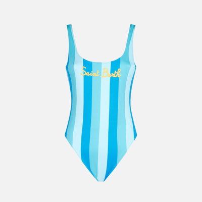 Shop Mc2 Saint Barth Woman Light Blue And Bluette Striped Print One Piece Swimsuit