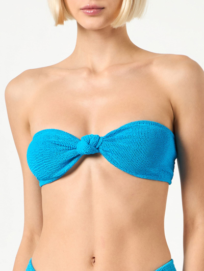 Mc2 Saint Barth Woman Dust Blue Crinkle Bandeau Top With Knot In Blue