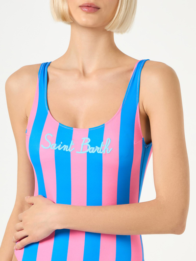 Shop Mc2 Saint Barth Woman Dust Blue And Pink Striped Print One Piece Swimsuit