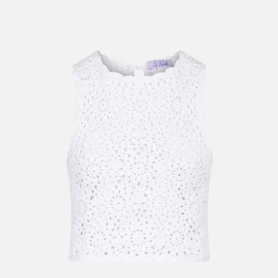 Mc2 Saint Barth Woman Crochet Halterneck Top In White
