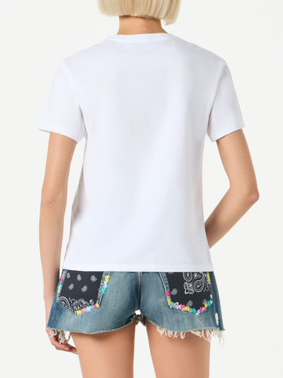 Mc2 Saint Barth Woman Cotton T-shirt With The Bride (maybe) Rhinestone Embroidery In White