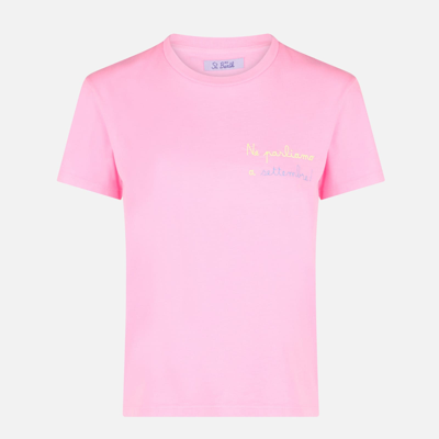 Shop Mc2 Saint Barth Woman Cotton T-shirt With Ne Parliamo A Settembre! Embroidery In Pink