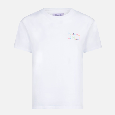 Shop Mc2 Saint Barth Woman Cotton T-shirt With Portami Al Mare! Embroidered In White