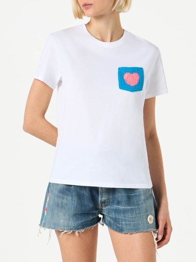 Shop Mc2 Saint Barth Woman Cotton T-shirt With Heart Crochet Pocket In White