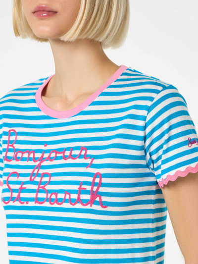 Mc2 Saint Barth Woman Cotton T-shirt With Bonjour St. Barth Embroidery In Blue