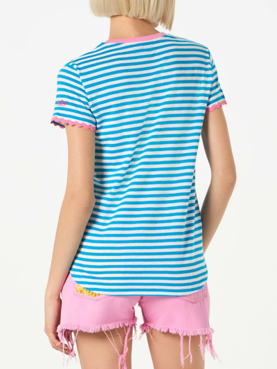 Mc2 Saint Barth Woman Cotton T-shirt With Bonjour St. Barth Embroidery In Blue