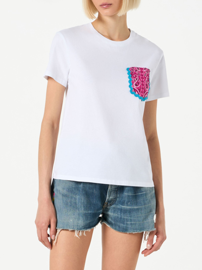 Shop Mc2 Saint Barth Woman Cotton T-shirt With Bandanna Print Pocket In White