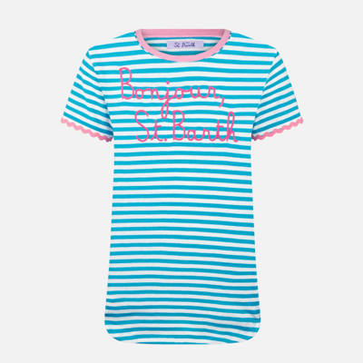 Mc2 Saint Barth Woman Cotton T-shirt With Bonjour St. Barth Embroidery In Blue