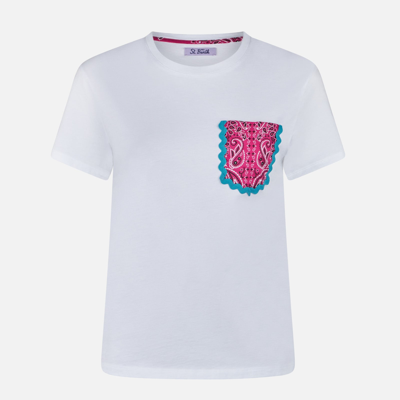 Shop Mc2 Saint Barth Woman Cotton T-shirt With Bandanna Print Pocket In White