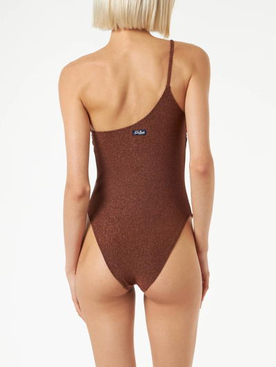 Mc2 Saint Barth Woman Brown Lurex One Shoulder One-piece Swimsuit In Brown