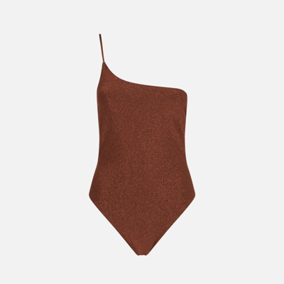 Mc2 Saint Barth Woman Brown Lurex One Shoulder One-piece Swimsuit In Brown