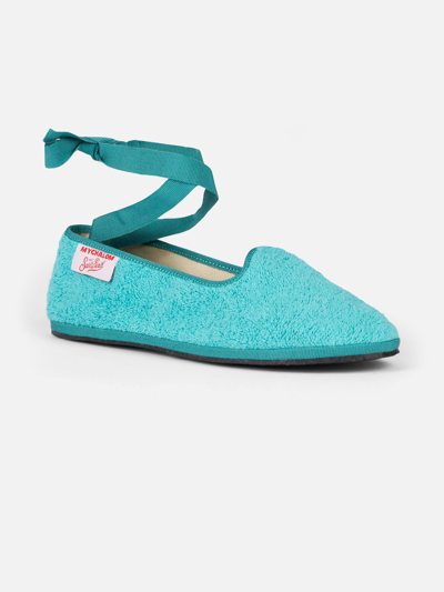 Shop Mc2 Saint Barth Woman Aquamarine Terry Slipper Loafers My Chalom Special Edition In Green