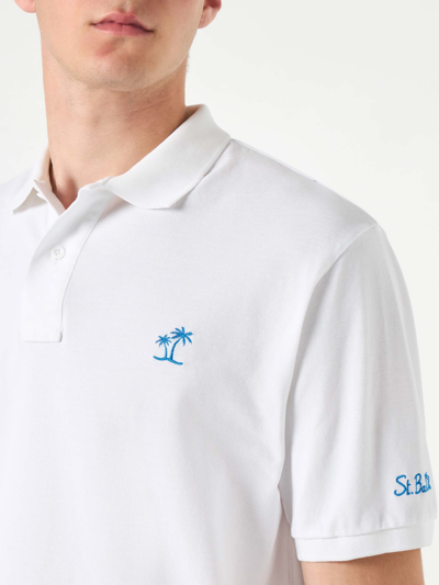 Shop Mc2 Saint Barth White Piquet Polo With St. Barth Logo With Vintage Effect