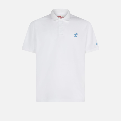 Shop Mc2 Saint Barth White Piquet Polo With St. Barth Logo With Vintage Effect