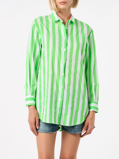 Shop Mc2 Saint Barth Striped Cotton Shirt Portami Al Mare Embroidery In Green