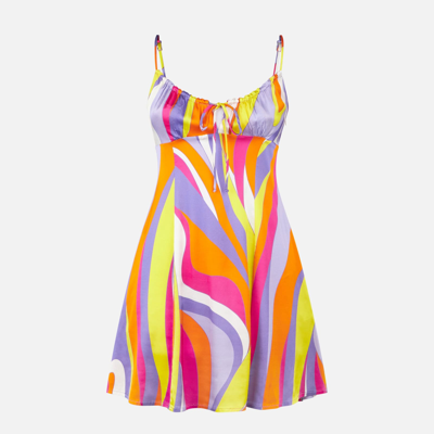 Shop Mc2 Saint Barth Woman Short Slip Dress Creamy With Shape Wave Print In Orange