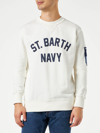 Shop Mc2 Saint Barth Man White Sweatshirt With St. Barth Navy Print