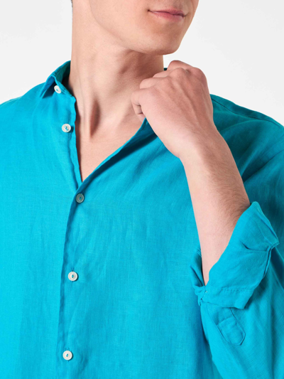 Shop Mc2 Saint Barth Man Turquoise Linen Pamplona Shirt In Blue