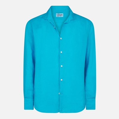 Shop Mc2 Saint Barth Man Turquoise Linen Pamplona Shirt In Blue