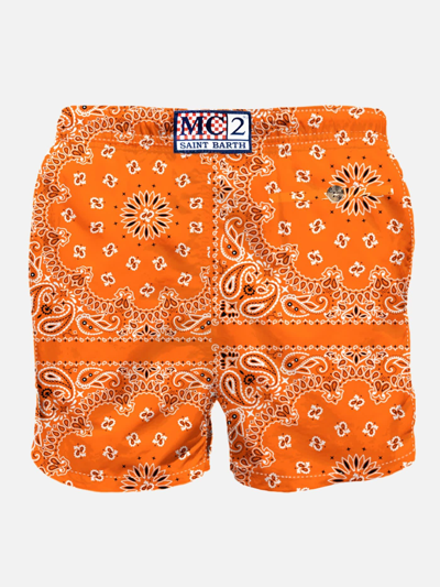 Mc2 Saint Barth Man Swim Shorts With Orange Bandanna Print In Orange