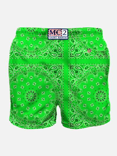 Shop Mc2 Saint Barth Man Swim Shorts With Green Bandanna Print In Verde Fluo