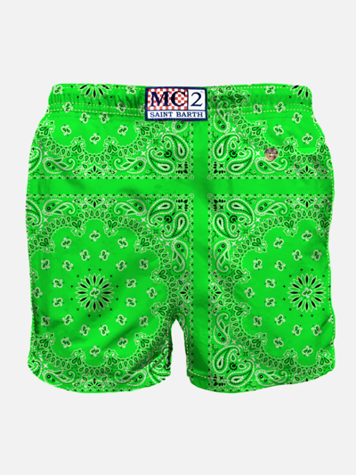 Mc2 Saint Barth Man Swim Shorts With Green Bandanna Print In Verde Fluo