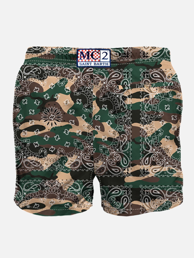 Mc2 Saint Barth Man Swim Shorts With Camouflage Bandanna Print In Grey