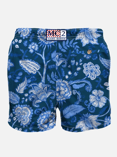 Mc2 Saint Barth Man Swim Shorts With Blue Flower Print In Blue