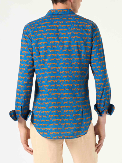 Mc2 Saint Barth Man Muslin Cotton Sikelia Shirt With Wild Cat Print In Blue