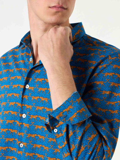 Mc2 Saint Barth Man Muslin Cotton Sikelia Shirt With Wild Cat Print In Blue