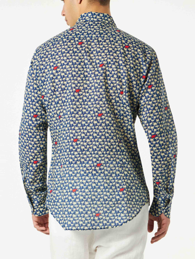 Mc2 Saint Barth Man Muslin Cotton Sikelia Shirt With Palm Print In Blue