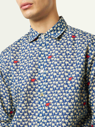 Mc2 Saint Barth Man Muslin Cotton Sikelia Shirt With Palm Print In Blue