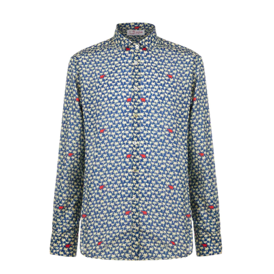 Mc2 Saint Barth Man Muslin Cotton Sikelia Shirt With Palm Print In Blue