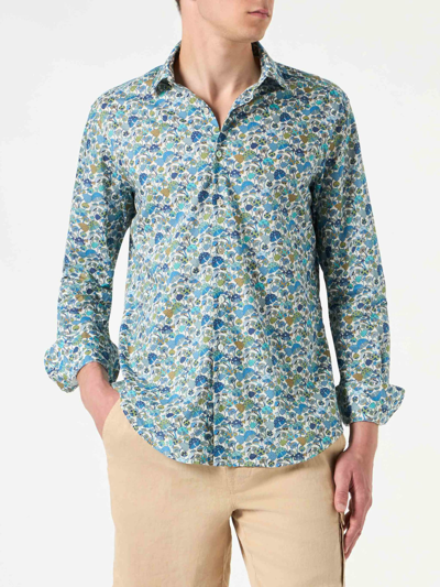 Mc2 Saint Barth Man Muslin Cotton Sikelia Shirt With Mushroom Print Liberty Special Edition In Blue