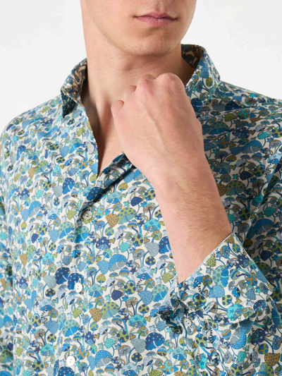 Mc2 Saint Barth Man Muslin Cotton Sikelia Shirt With Mushroom Print Liberty Special Edition In Blue