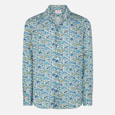 Mc2 Saint Barth Man Muslin Cotton Sikelia Shirt With Mushroom Print Liberty Special Edition In Blue