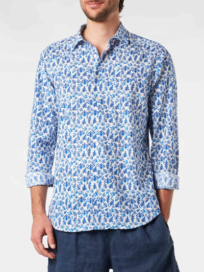 Shop Mc2 Saint Barth Man Muslin Cotton Sikelia Shirt With Blue Leaves Print In White